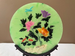 Beautiful Faux Jade Floral Table Screen with Wood Carved Base