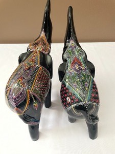 Pair of Amazing Hand Painted Black Lacquer Wooden Elephants