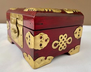 Vintage Asian Inspired Wooden Jewelry Box with Engraved Brass Details