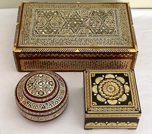 Three Decorative Trinket Boxes including Marquetry Design