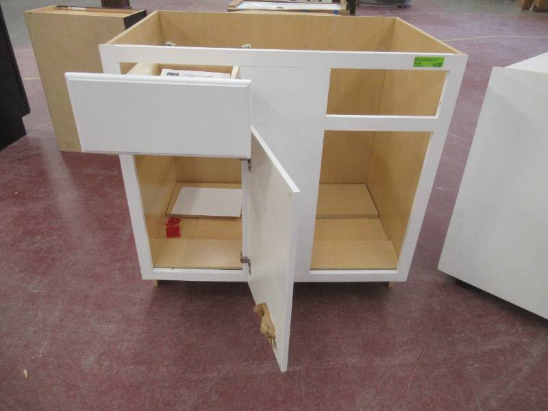 Hampton Assembled 36x34.5x24 in. Blind Base Corner Kitchen Cabinet in Satin White - Scratch and Dent, Hole in Door.