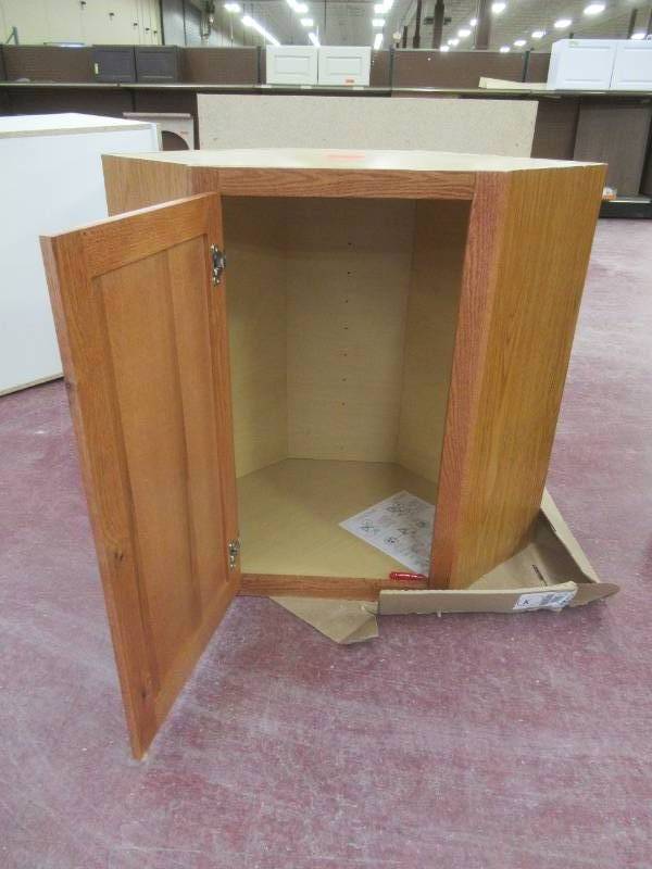 Hampton Assembled 24x30x12 in. Diagonal Corner Wall Kitchen Cabinet in Medium Oak - Slight Scratch and Dent.