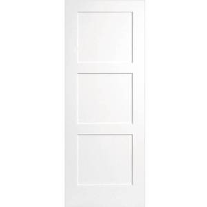 Steves & Sons 28 in. x 80 in. 3-Panel Equal Shaker White Primed Solid Core Wood Interior Door Slab, L64M3NNNLC99. Slight Scratches.