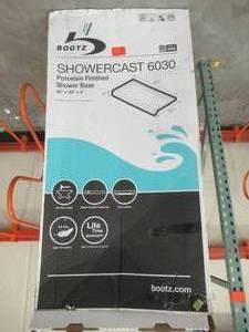 Bootz Industries ShowerCast 60 in. x 30 in. Single Threshold Shower Pan in White with Left Drain 010-1001-00. Some enamel damage drain side.