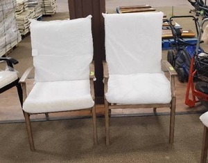lot 658 image: Geneva Brown Wicker Outdoor Patio Stationary Dining Chair with Bare Cushions (2-Pack), FRS60786-STBC - One arm bent