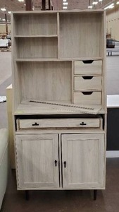 lot 695 image: Walker Edison 64 Storage Desk & Hutch with Keyboard Drawer- Birch, WLK-BS64BELHUTBH - Scratch and dent, damaged drawer.