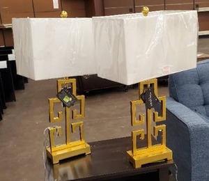 lot 725 image: Greek 2-Piece Standard Lamp Set with Off-white Shades, LIT4305A-SET2 - Scratch & dent