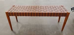 lot 730 image: Woven Leather-like Wood Framed Bench - Floor model