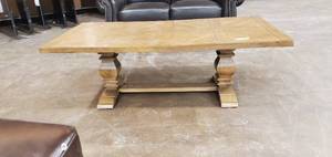 lot 737 image: Eldridge 55 in. Dark Brown Large Rectangle Wood Coffee Table with Pedestal Base, HD03-F01WD - Floor model, finish damage