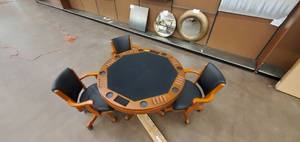 lot 755 image: Mitchell Dark Oak 5 Piece 3-in-1 Game Table Set, 100201-S5 - Floor model, finish damage, missing one chair.