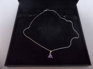 Necklace-Stainless Steel Chain With Triangle Purple Stone Charm Marked 925