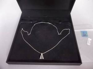 Necklace-Silver Tone Chain With Rhinestone Bars Charm