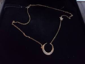 Necklace-Gold Tone Chain With Rhinestone Moon & Star
