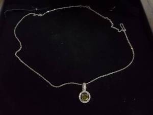 Necklace-Silver Tone Chain With Green & Rhinestone Charm