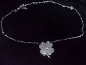 Necklace-Silver Tone Chain With Rhinestone 4-Leaf Clover Charm