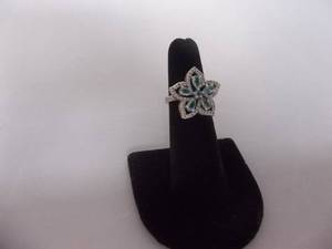 Ring-Silver Tone Band With Floral Shape Light Blue & Rhinestones Size 5
