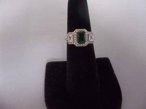 Ring-Silver Tone Band With Green & White Stones Size 6