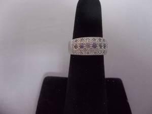 Ring-Silver Tone Band With Purple & White Stones Size 6