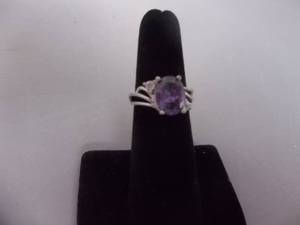 Ring-Silver Tone Band With Large Purple Center Stone Size 6