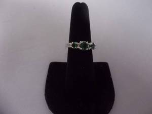 Ring-Silver Tone Band With Green Stones Size 7