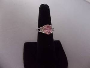 Ring-Silver Tone Band Marked 925 With Large Pink Center Stone Size 7