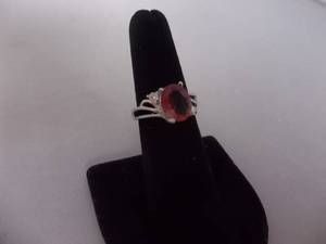 Ring-Silver Tone Band Marked 925 With Large Watermelon Center Stone Size 7