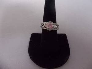 Ring-Silver Tone Band With Pink Stone Size 8-12