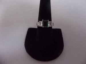 Ring-Silver Tone Band With Green & White Stones Size 8-12