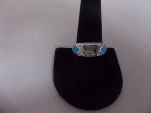 Ring-Silver Tone Band Marked 925 With Large Center Stone & Mermaid Inlay Size 10