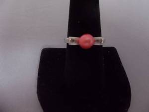 Ring-Silver Tone Band Marked 925 With Coral Pearl Size 9