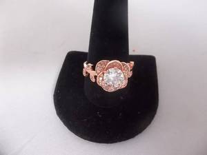Ring-Rose Gold Tone Floral Band With White Stone Size 11-12