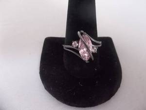 Ring-Gun Metal Tone Band With Pink Stone Size 11-12