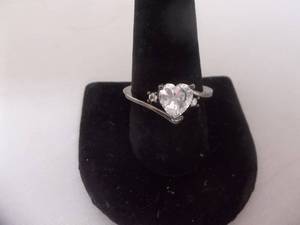 Ring-Gun Metal Tone Band With White Heart Stone Size 10-12