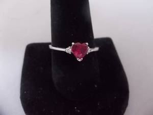 Ring-Silver Tone Band Marked 925 With Razzberry Red Heart Stone Size 11