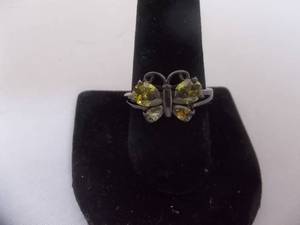 Ring-Gun Metal Tone Butterfly Band With Green Stones Size 10