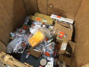 Pallet of assorted misc items new door pulls, door knobs, moving accessorires, and misc assorted items  review pictures