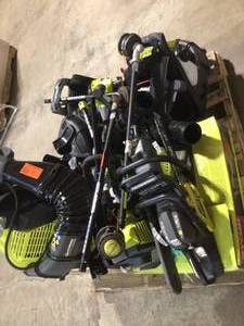 Pallet of assorted Ryobi backpack blowers, chainsaws, tile saw) review all pictures