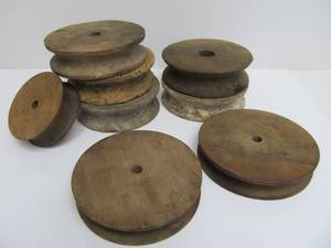 Group of Antique Wooden Industrial Pulley Wheels