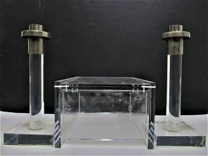 Mid Century Thick Lucite Set of Candlesticks &amp Hinged Box
