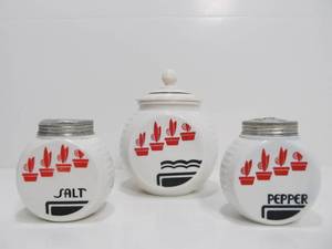 Mid Century Larger Milk Glass Salt Pepper &amp Condiment Jars