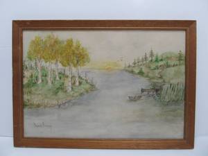 Framed Signed Vintage 1960s Watercolor River Scene Painting