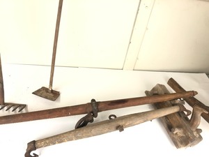 Group of Primitive Antique Wooden Items - Woodworking Planes etc
