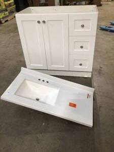 lot 18 image: Glacier Bay Bannister 36.5 in. W x 18.75 in. D x 37.53 in. H Single Sink Bath Vanity in White with White Top and Mirror (review all pictures)