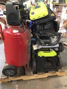 lot 31 image: Mix Lot of Ryobi Lawnmowers and a compressor (all items used for parts SALVAGE) review pictures