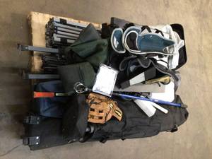 lot 33 image: Pallet with Mixed Lot of sporting goods (such as chairs for games, baseball glove, baseball accessaries various models and conditions customer returns  review pictures