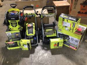 lot 34 image: Pallet with Assorted Ryobi tools customer returns includes s pressure washers, backpack blower and etc. various models and conditions