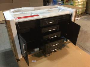 lot 108 image: Home Decorators Collection Aberdeen 60 in. W x 22 in. D Vanity in Black with Carrara Marble Top with White Sinks Good Condition Review Pictures