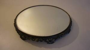 lot 32 image: Antique DresserTable Top Mirror Ornate Brass Pedestal with CutBeveled Edge Glass