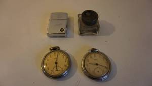 lot 36 image: Antique Westclox Pocket Ben Pocket Watches(2) -Cigarette Lighter-Small Bottle of Ink