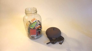 lot 44 image: Collectible Match Books In Fruit Jar  -Steel Wall Mount SpringLever SchoolBoxing() Bell on Wood Mount